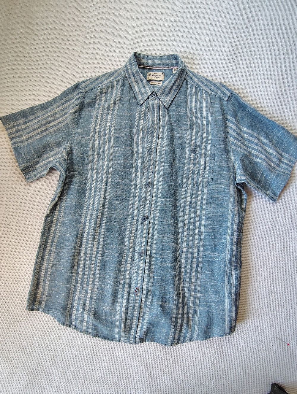 Weatherproof Vintage Blue Short-Sleeve Button-Down Shirt with White Stripes